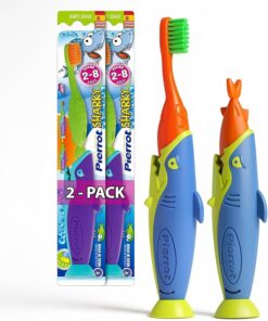 Pierrot Sharky Kids Toothbrush for Fun & Easy Brushing (2-Pack) – with Soft Bristles, Suction Base, Easy-Grip Handle & Protective Cap | For Toddlers & Children Ages 2-8